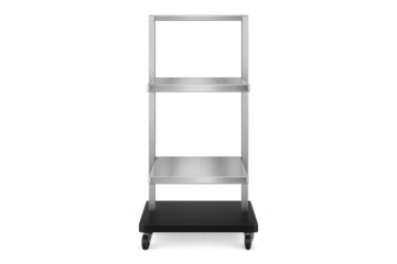 Metallic serving cart with two shelves and wheels on transparent background