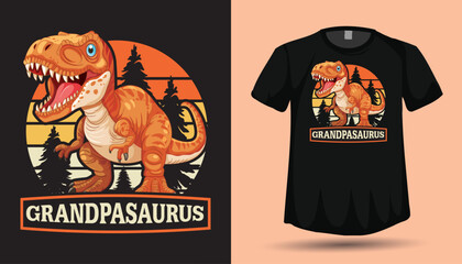 Grandpasaurus – Cute Roaring T‑Rex Grandpa Dinosaur Retro Sunset Vector T‑Shirt Design © Vectography