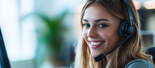 Friendly customer support representative with headset smiling in modern office, perfect for helpdesk services, business solutions, and communication technology concepts