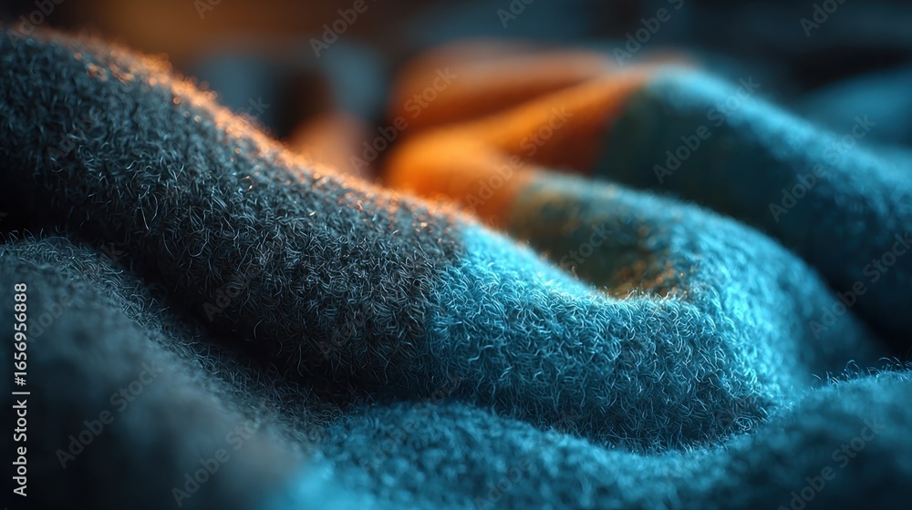 Poster a close-up of textured fabric displaying soft, rich colors and intricate details, creating a cozy an