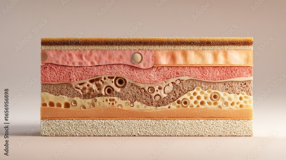 Poster a colorful, layered structure showcasing various textures and materials, resembling cross-sections o