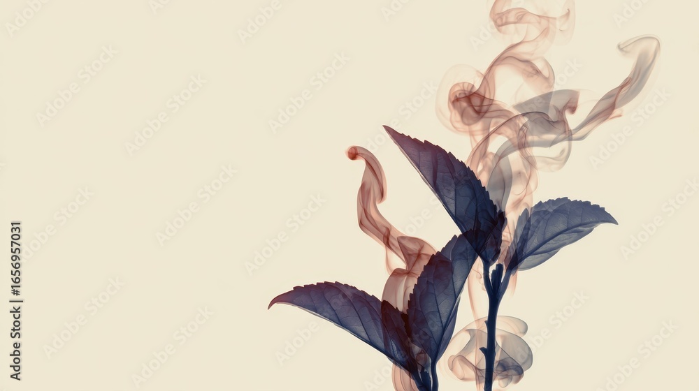 Poster a delicate composition of leaves intertwined with wispy smoke, creating an ethereal and artistic eff