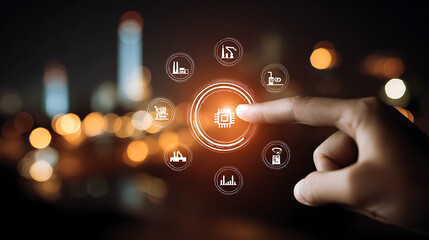 Fototapeta premium Human finger touching central A I chip surrounded by industrial icons technology circuit