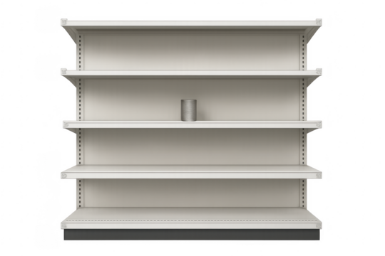 Empty supermarket shelves with a single can on transparent background