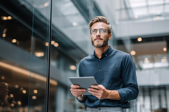 Confident professional man holding tablet in modern office interior