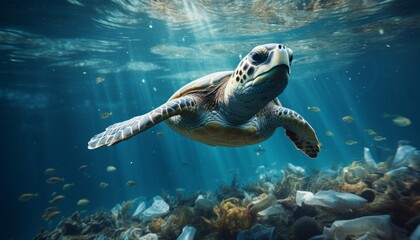 Sea turtle in an ecologically polluted ocean.