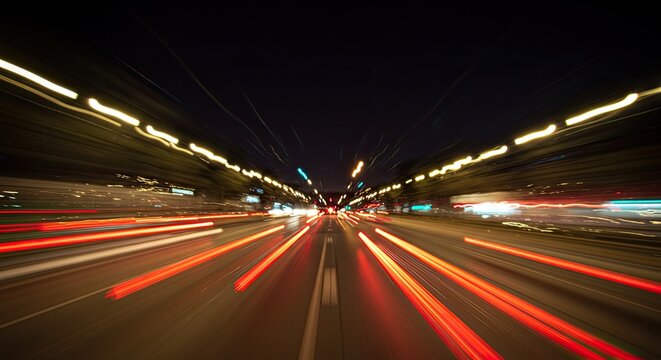 Night Highway Speed Trails: Long Exposure Captures Car Lights, Motion Blur.