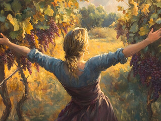 A young woman standing in a vast vineyard with arms outstretched, embracing the beauty of nature, the warmth of the golden sunlight, and the tranquility of the lush, scenic landscape.