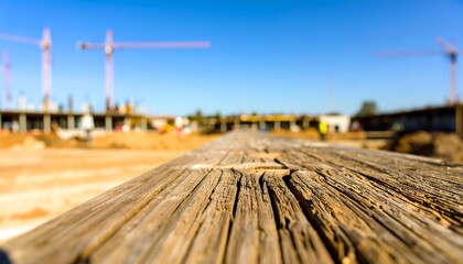 Close-up view of weathered wooden plank resting on a construction site, with blurred cranes and buildings in the background.
