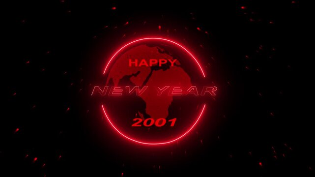 4k video 2001 concept of new year beginning, happy celebration, festival, new life, growth of business investment, finance, innovation. Glowing neon line word of Happy New Year 2001 on virtual screen.