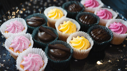 Beautiful chocolate and assorted cupcakes on an elegant plate, perfect for parties or family gatherings. Soft lighting and shallow depth of field.