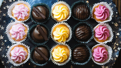 Beautiful chocolate and assorted cupcakes on an elegant plate, perfect for parties or family gatherings. Soft lighting and shallow depth of field.