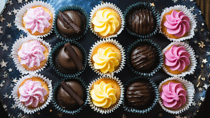Beautiful chocolate and assorted cupcakes on an elegant plate, perfect for parties or family gatherings. Soft lighting and shallow depth of field.