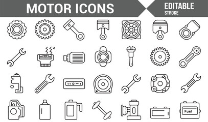 Line Art Engine, Gear, and Battery Icons for Engineering and Automotive Use