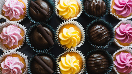 Beautiful chocolate and assorted cupcakes on an elegant plate, perfect for parties or family gatherings. Soft lighting and shallow depth of field.