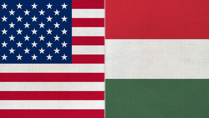 The diagonal and stitched-aligned combined USA and Hungary flags. Concept of Strategic negotiation, national relationship, Conflict, and War.