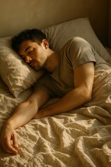 Young caucasian male sleeping peacefully in sunlit bedroom
