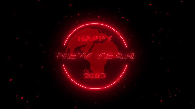 4k video 2003 concept of new year beginning, happy celebration, festival, new life, growth of business investment, finance, innovation. Glowing neon line word of Happy New Year 2003 on virtual screen.