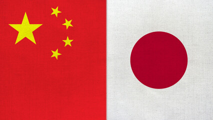 The diagonal and stitched-aligned combined China and Japan flags. Concept of Strategic negotiation, national relationship, Conflict, and War.