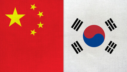 The diagonal and stitched-aligned combined China and South Korea flags. Concept of Strategic negotiation, national relationship, Conflict, and War.