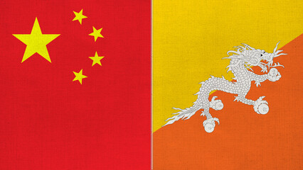 The diagonal and stitched-aligned combined China and Bhutan flags. Concept of Strategic...