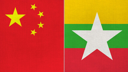 The diagonal and stitched-aligned combined China and Myanmar flags. Concept of Strategic negotiation, national relationship, Conflict, and War.