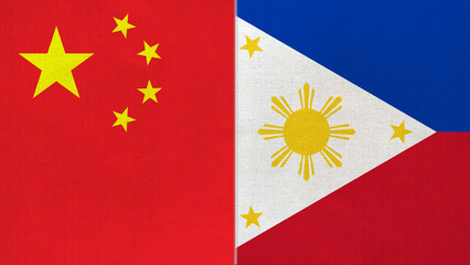 The diagonal and stitched-aligned combined China and Philippines flags. Concept of Strategic negotiation, national relationship, Conflict, and War.
