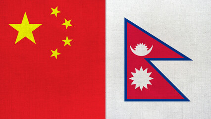 The diagonal and stitched-aligned combined China and Nepal flags. Concept of Strategic negotiation, national relationship, Conflict, and War.