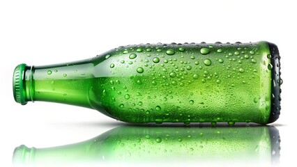 Refreshing Green Glass Bottle Covered in Condensation Lying Horizontally on a White Surface with Reflection Isolated