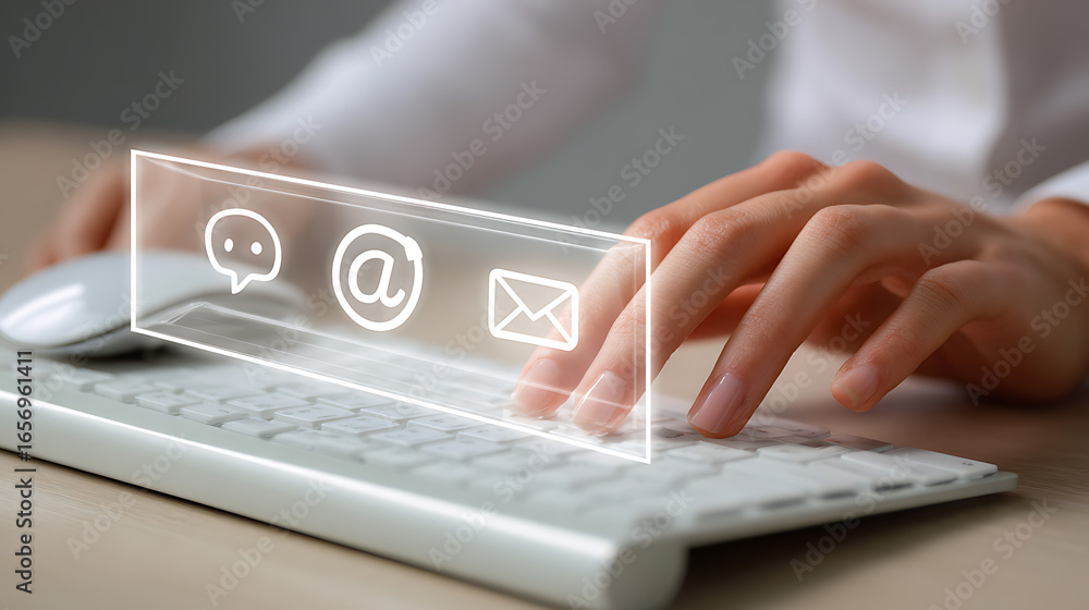 Poster hands typing on keyboard with digital communication icons technology email
