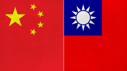 The diagonal and stitched-aligned combined China and Taiwan flags. Concept of Strategic negotiation, national relationship, Conflict, and War.