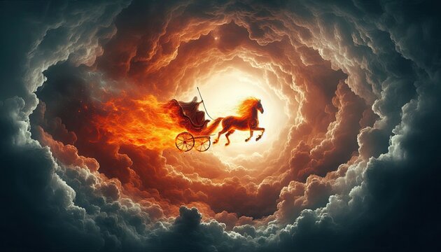 Fiery chariot horse illustration, fantasy art, mythical creature, sky and clouds art