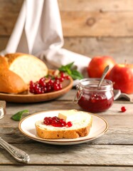 Fresh bread with jam and apples