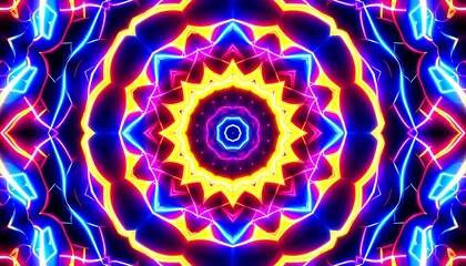 A vibrant kaleidoscope pattern displays a mesmerizing array of glowing neon colors.