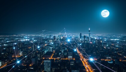 Illuminated cityscape connected by glowing lines under a full moon night urban