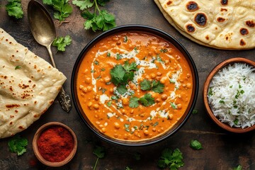 Food photography style, top view, curry lentils, table with ceramic cutlery, rice and naan