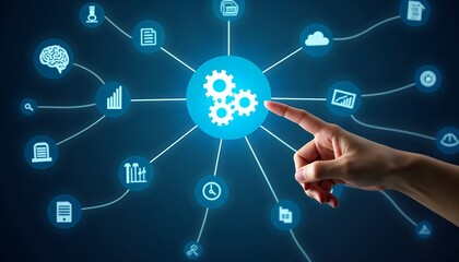 Human finger interacting with digital network of icons technology gears