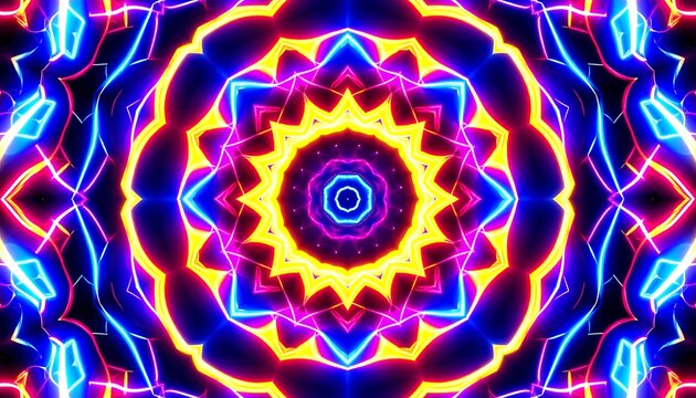 A vibrant kaleidoscope pattern displays a mesmerizing array of glowing neon colors. - Powered by Adobe