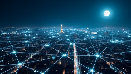Illuminated cityscape network under a full moon night lights