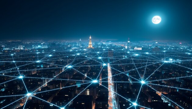 Illuminated cityscape network under a full moon night lights