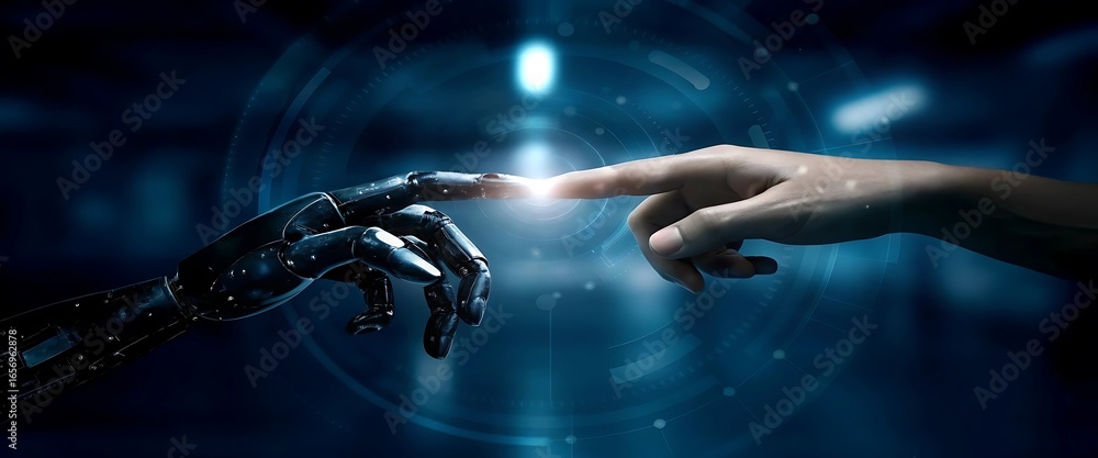 Poster ai, machine learning, hands of robot and human touching on big data network connection background, s