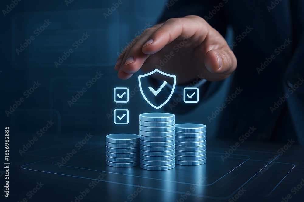 Poster a hand protecting a stack of coins with a digital shield.
