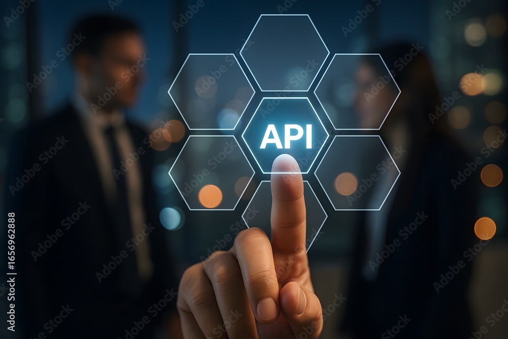 Aufkleber an innovative hand pointing towards api on a modern interface.