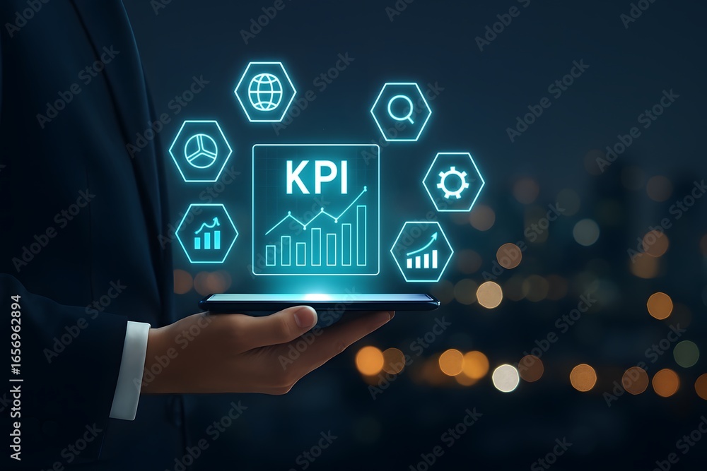 Poster a person holding a phone displaying a key performance indicator (kpi) dashboard, analyzing and evalu