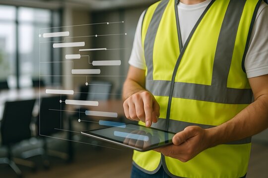 A construction worker analyzes project timelines on a digital tablet.