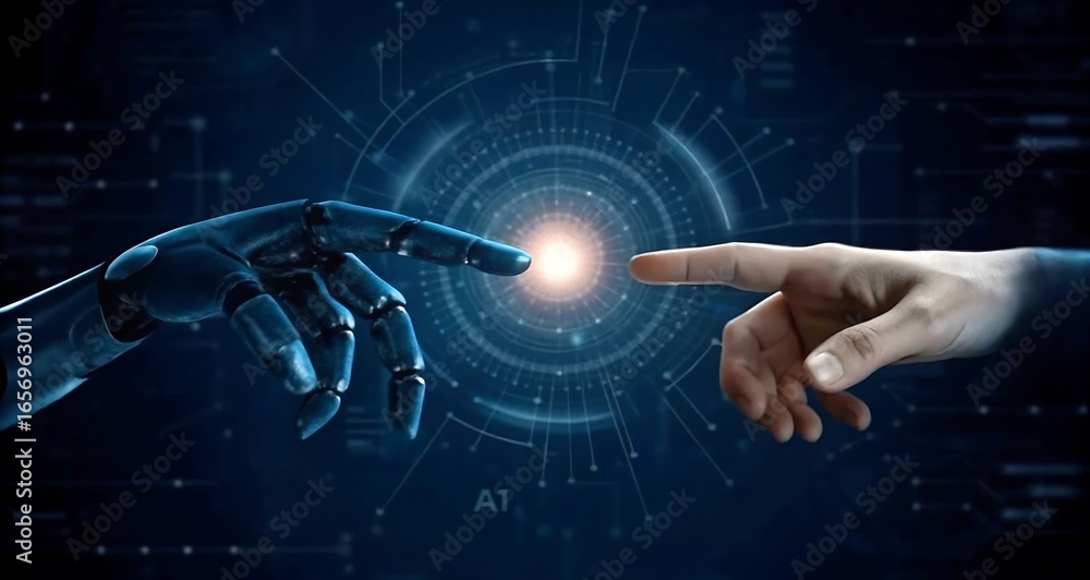 Poster ai, machine learning, hands of robot and human touching on big data network connection background, s