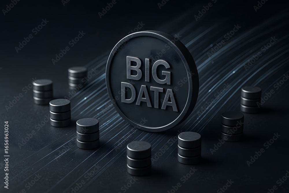 Poster big data visualization concept: a round logo with the text big data is at the center surrounded by m