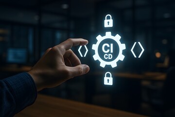 A person is interacting with a luminous digital interface showcasing CI CD concepts, signifying continuous integration and continuous delivery. 