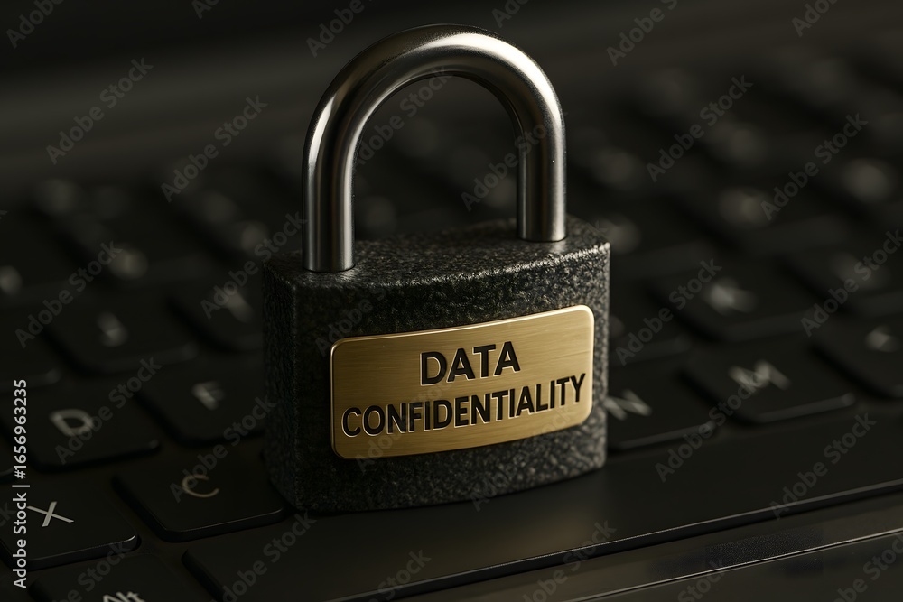 Poster a close-up shot of a padlock on a laptop keyboard, emphasizing data confidentiality.