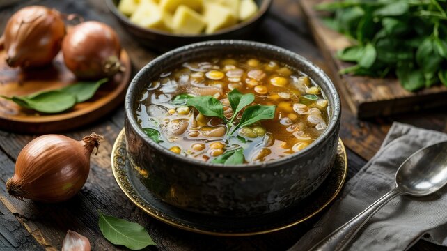 The national dish of Armenian cuisine. Aveluca soup with onions and peas. 
